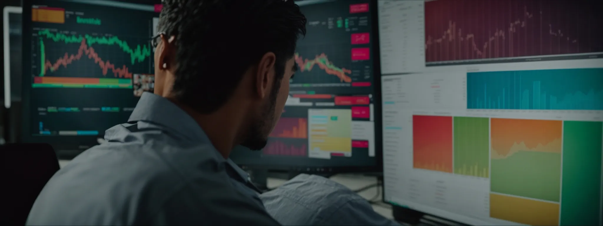 a business owner reviews a colorful analytics dashboard on a computer screen, strategizing for local market dominance.