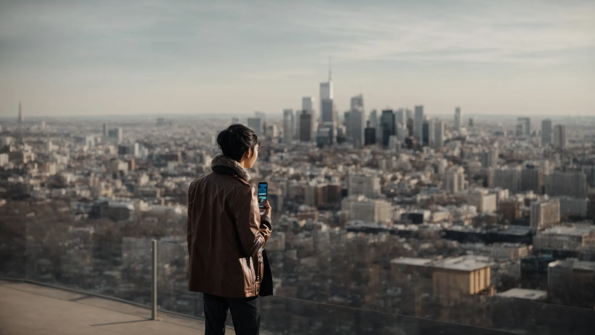 a person speaking into a smartphone with a cityscape in the background.