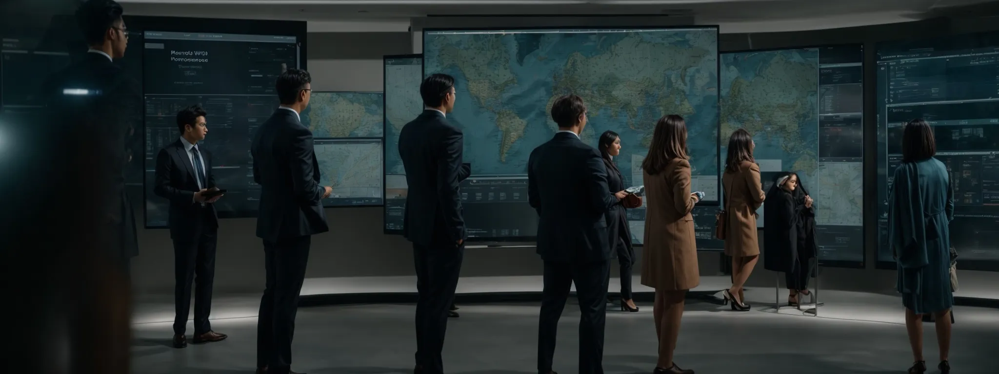 a group of professionals gathered around a large, interactive touchscreen display, exploring a sophisticated digital map interface.