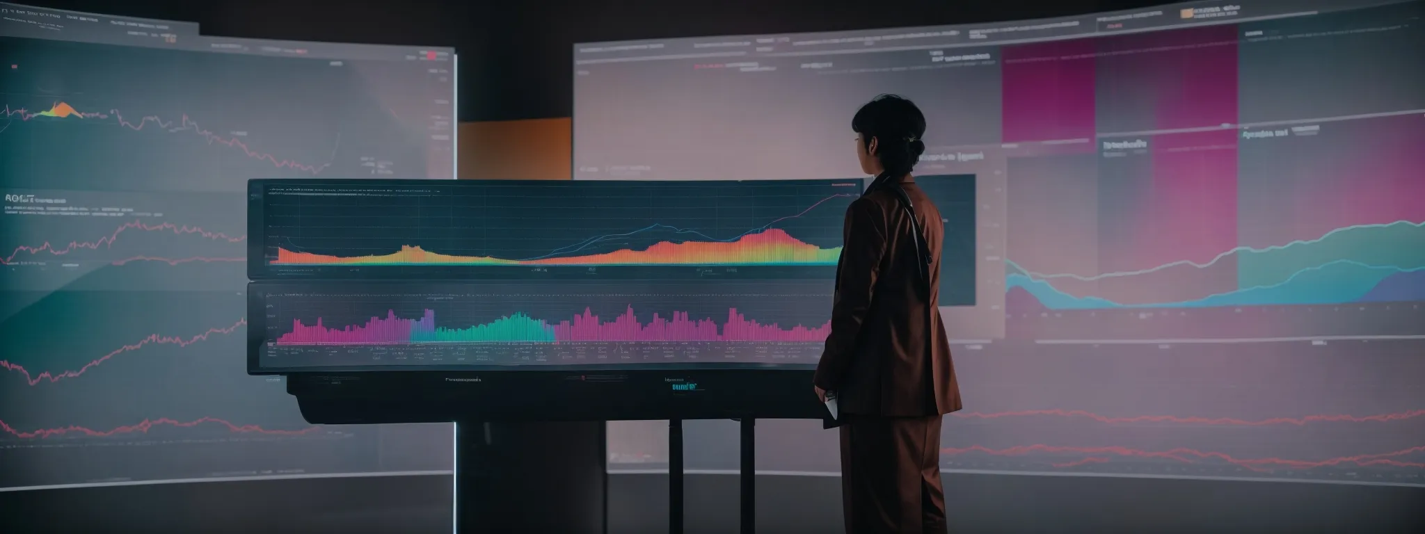 a person standing before a large, interactive dashboard displaying colorful graphs and search trend data.