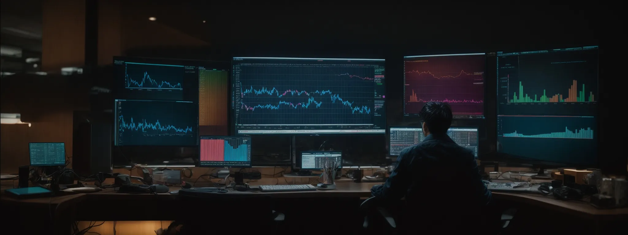 a person sits before a large computer screen displaying colorful graphs and lists, illustrating the vast keyword data analysis potential of a high-end seo tool.