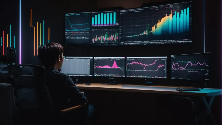 a person sits in front of a computer displaying colorful graphs and data charts related to video content trends.