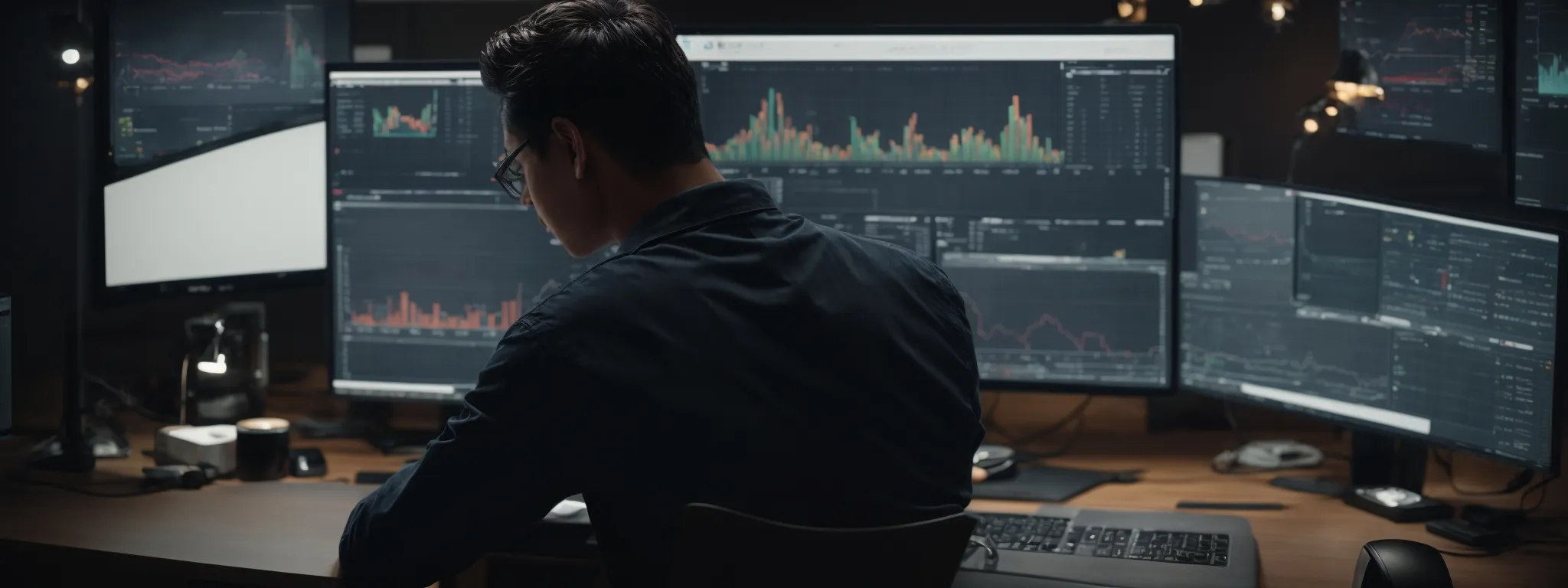 an individual typing at a computer surrounded by graphs and analytics on a screen, illustrating the strategic use of search data in digital marketing.