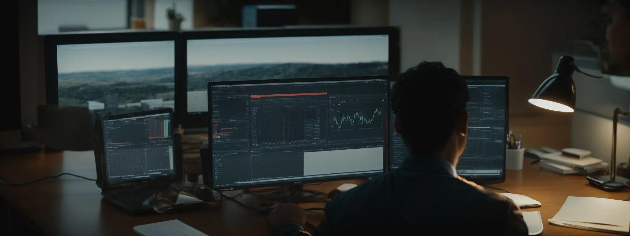 a person sits at a desk with a computer screen displaying graph analytics while they jot down notes on a notepad.