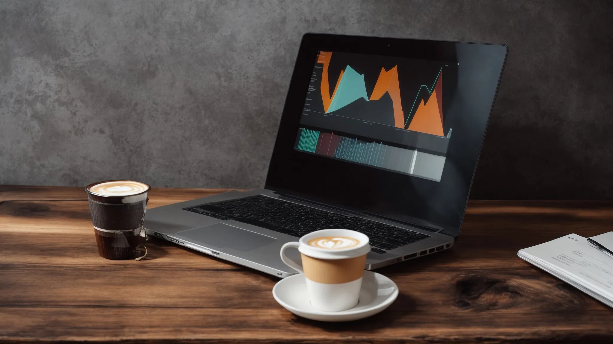 a laptop with a coffee cup and notebook on a wooden desk, surrounded by graphs and charts.