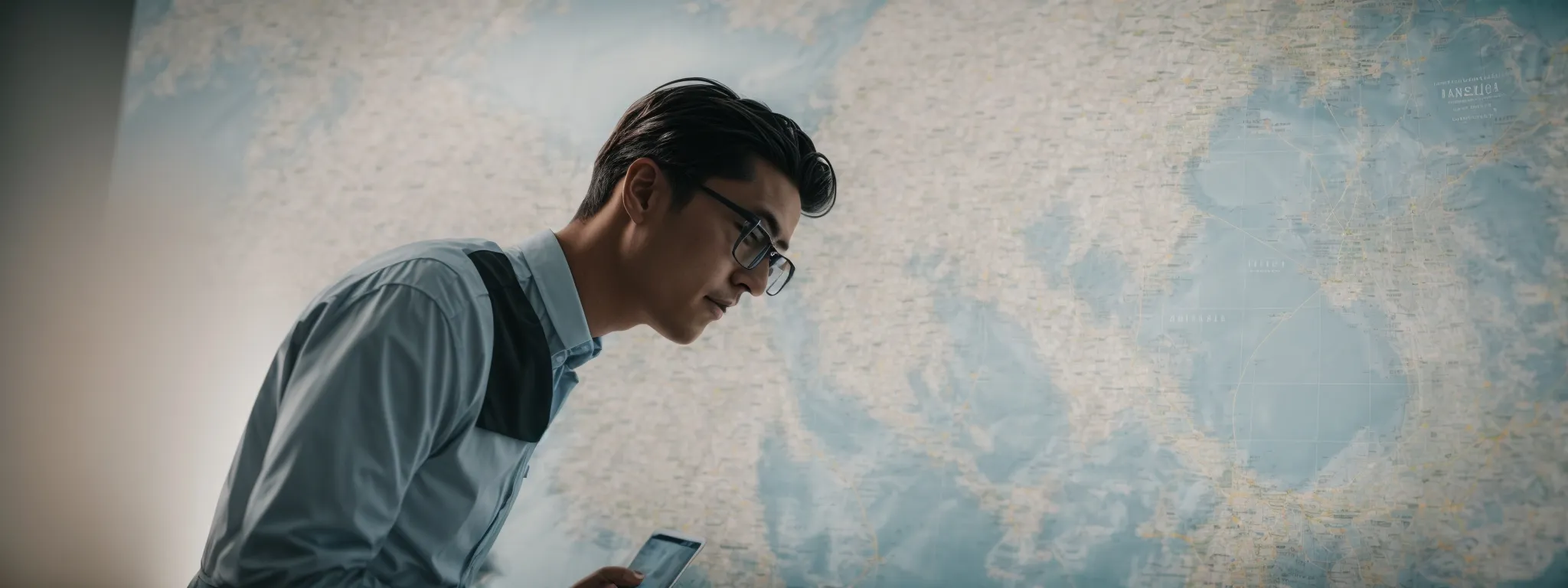 a diligent marketer examines a vast digital keyword map on a large interactive screen to strategize seo campaigns.
