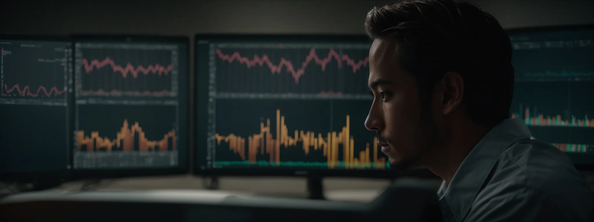 a person intently analyzing complex data charts on a computer screen, indicative of keyword research for amazon.