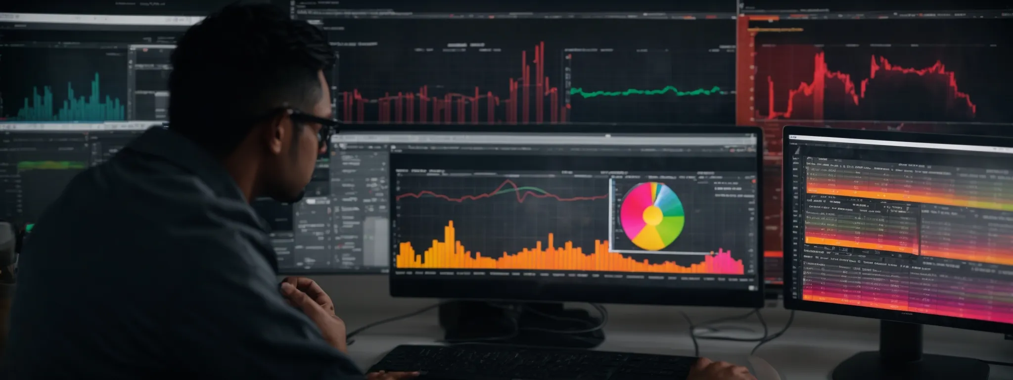 a marketer reviews colorful graphs and charts on a computer screen, analyzing seo data and metrics.