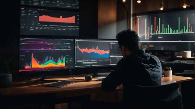 a person sitting in front of a laptop, analyzing colorful graphs and charts related to keyword trends on the screen.