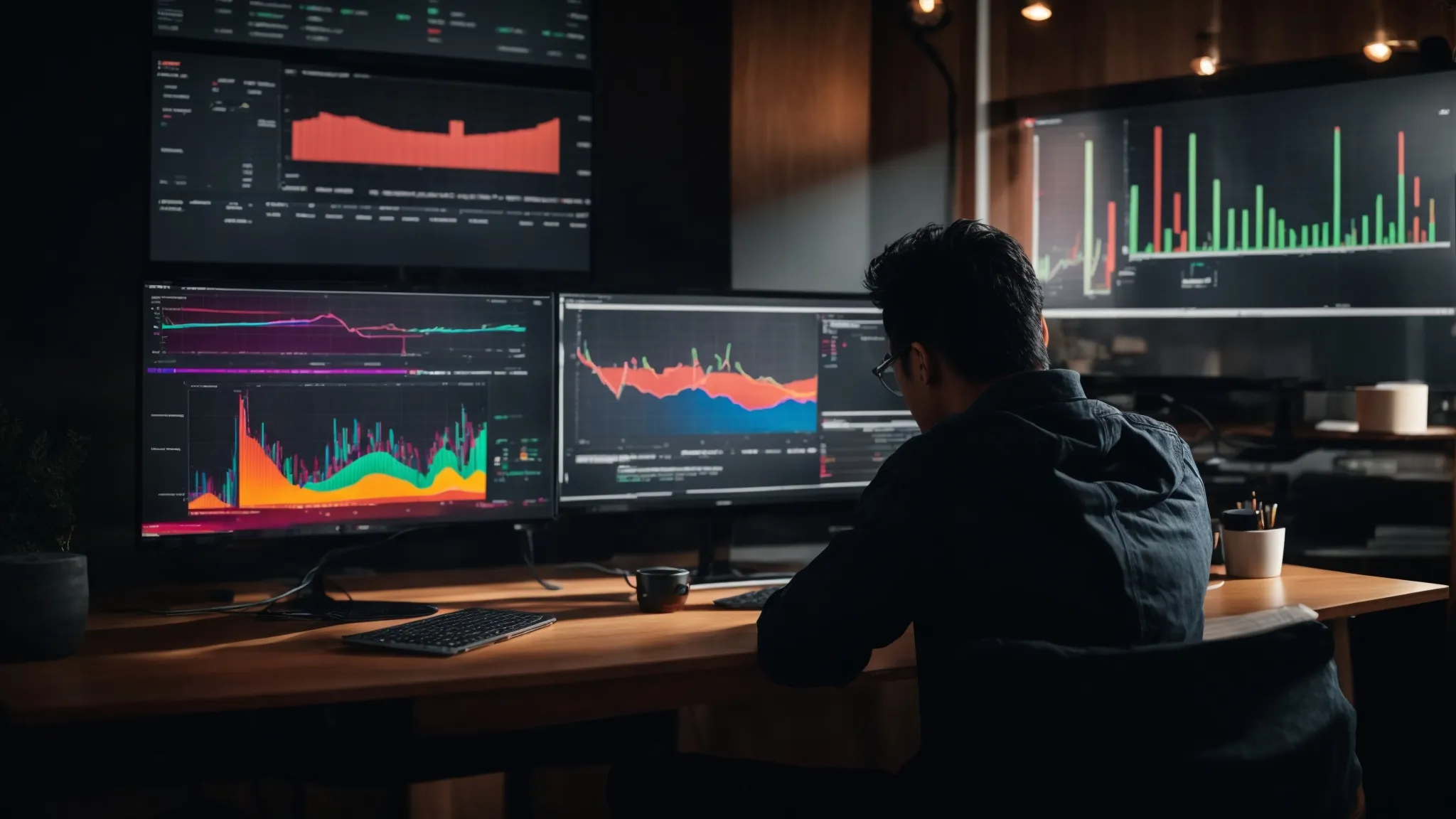 a person sitting in front of a laptop, analyzing colorful graphs and charts related to keyword trends on the screen.