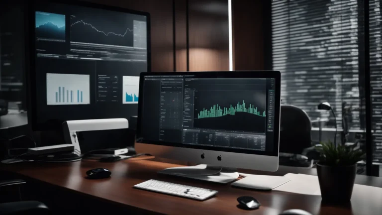 a modern office setup with a computer displaying graphs and analytics on the screen.