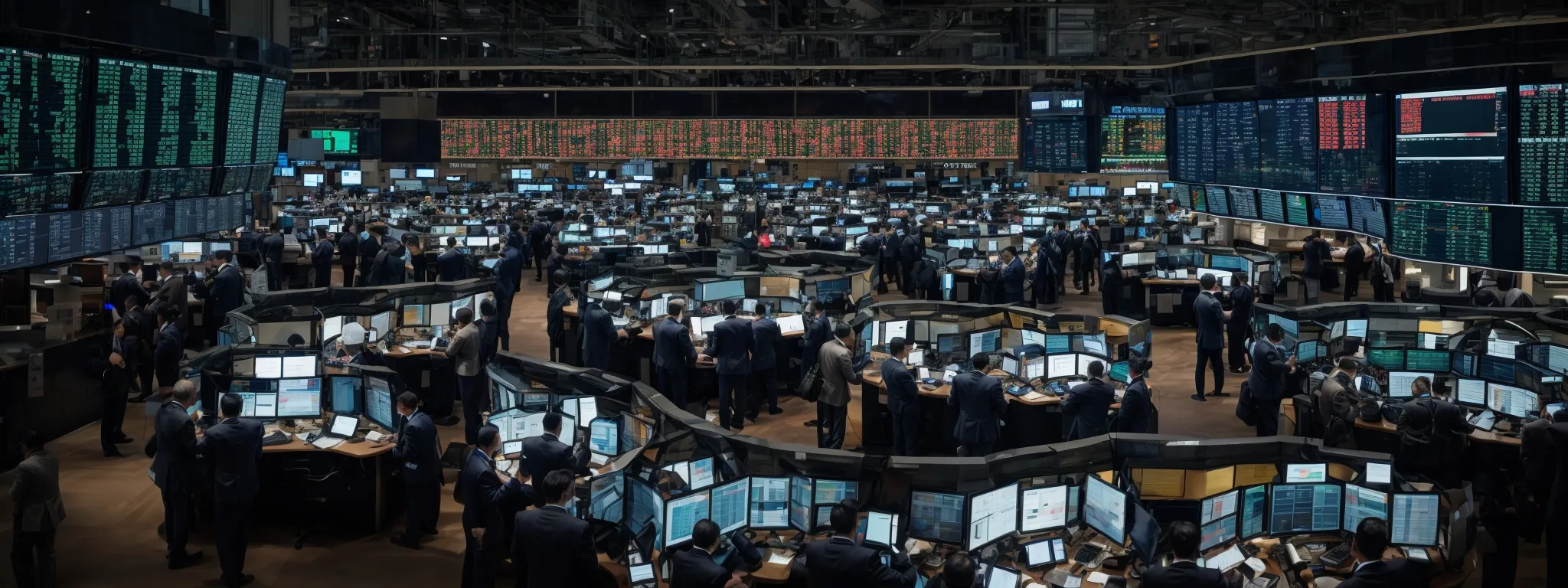 a bustling stock market floor with traders intently monitoring screens, symbolizing strategic competition in a dynamic environment.