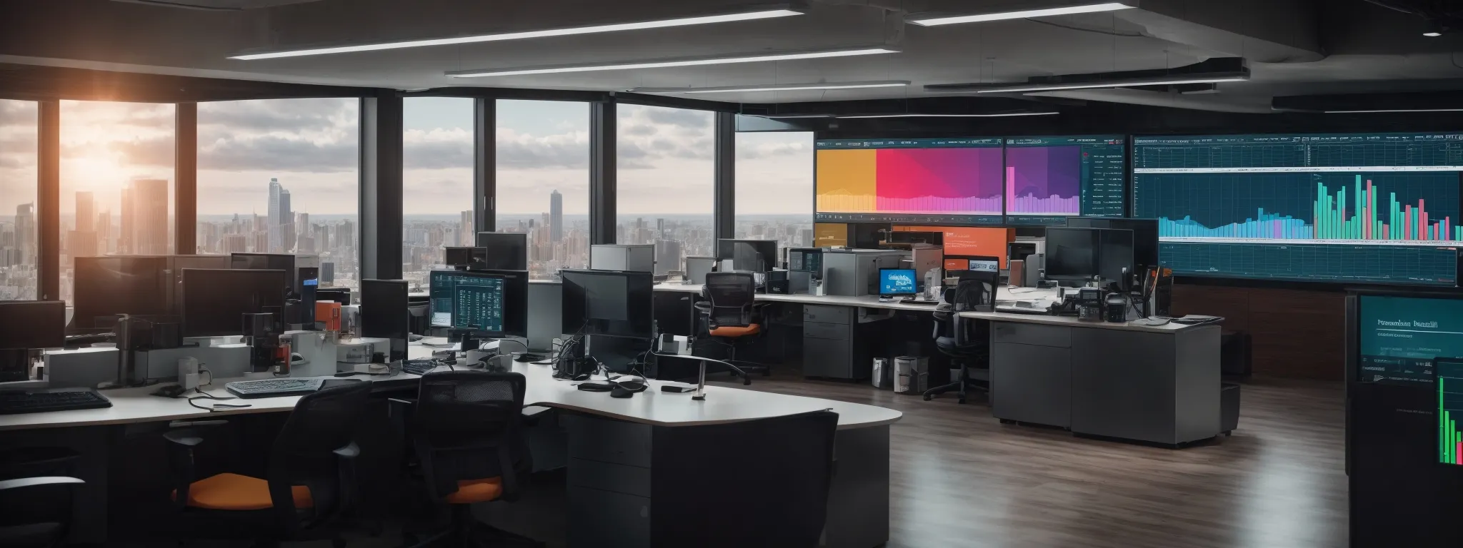 a modern office with a large, interactive dashboard displaying colorful analytics graphs and search trends.