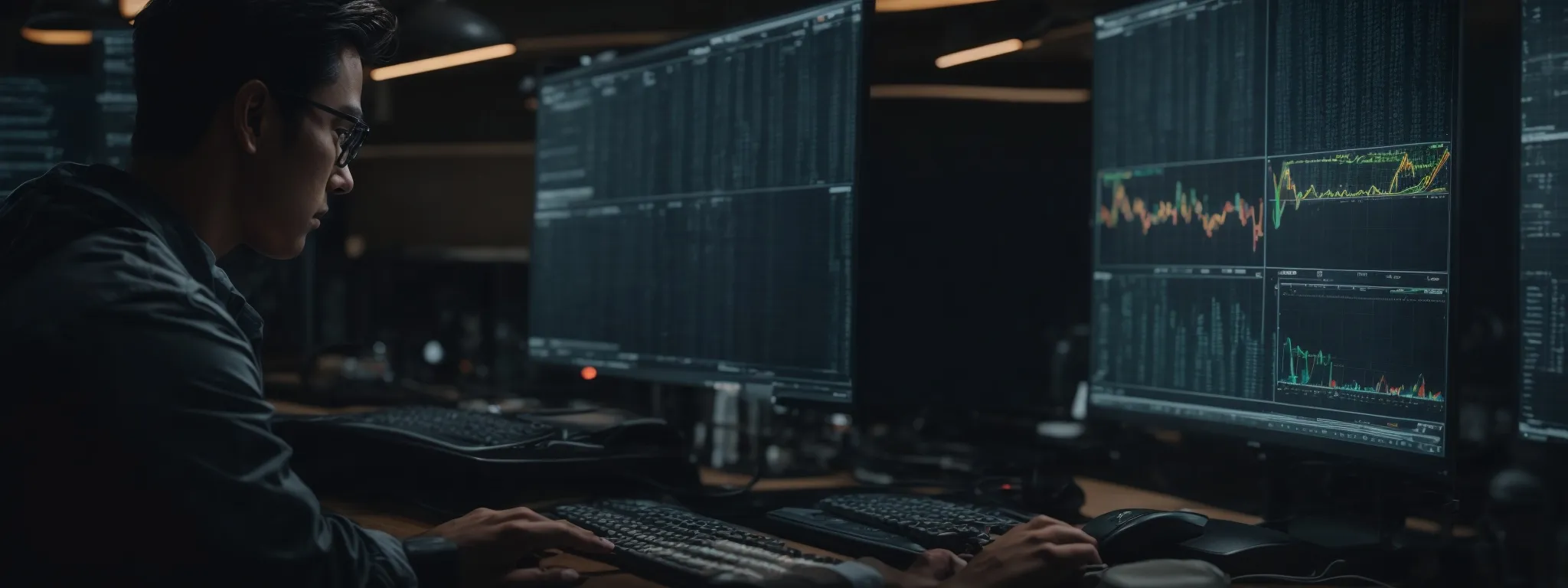 a focused individual operates a cutting-edge computer system analyzing complex data visualizations to excavate niche saas keywords.
