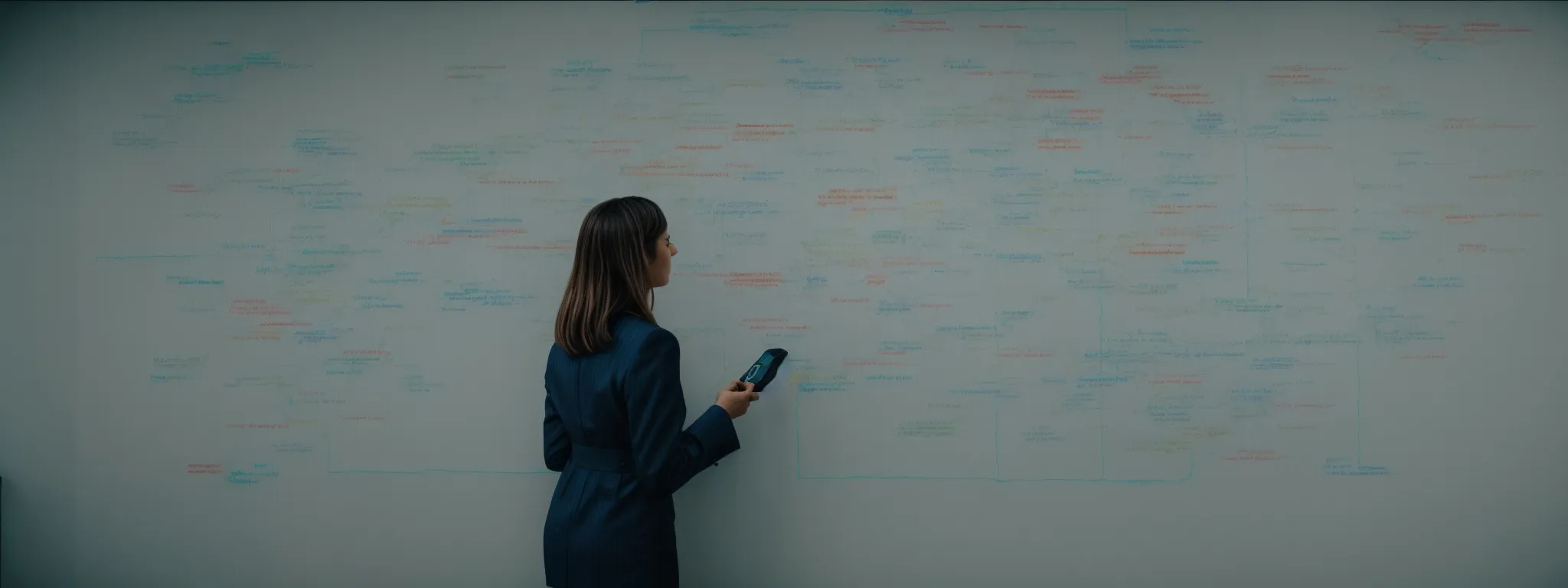 a marketer stands before a large, clear board, plotting out connections between various keyword clusters with colorful markers.