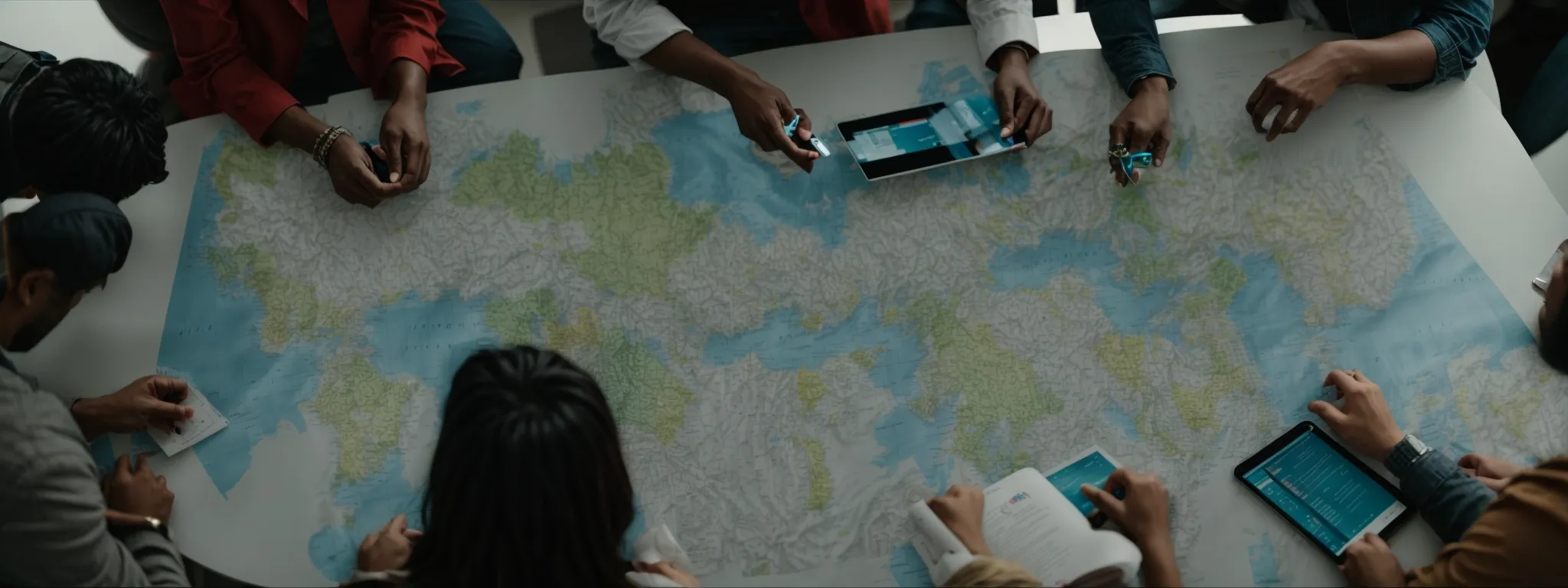a diverse group of people sitting around a conference table with digital devices, actively discussing over a map spread out in the center.