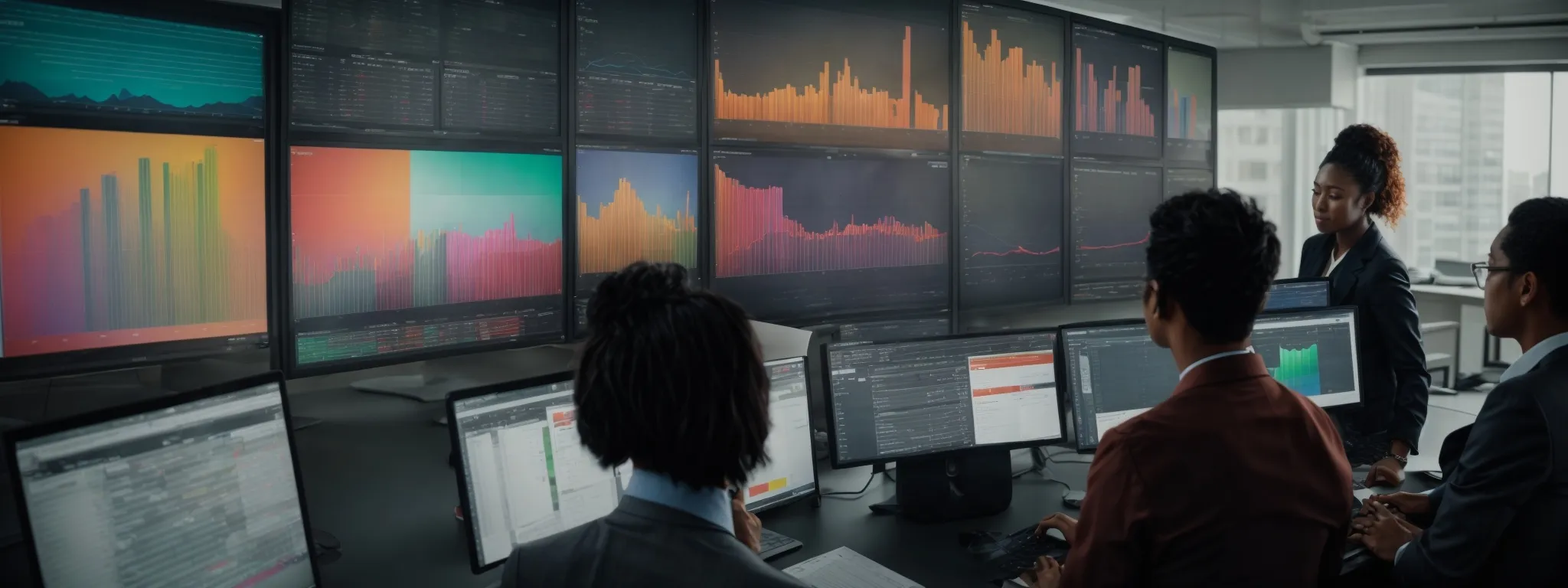a diverse group of marketing professionals is gathered around a large computer monitor, analyzing colorful data visualization charts that represent keyword research metrics.