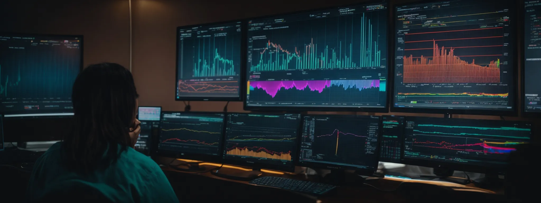 a person analyzing data on a large computer monitor displaying colorful graphs and keyword metrics.