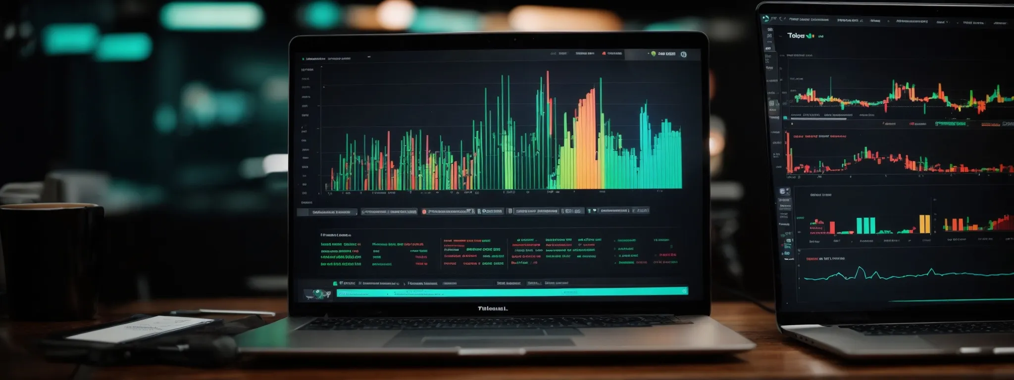 a laptop screen displays colorful graphs and data analysis with the fiverr website open in the background.