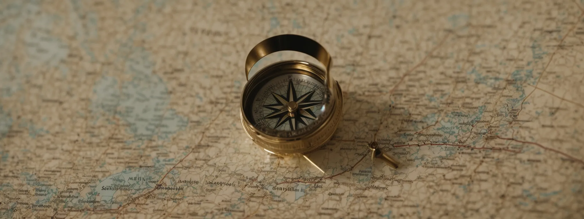 a compass on a map signifies strategic navigation through the seo landscape with searchatlas as the guiding tool.