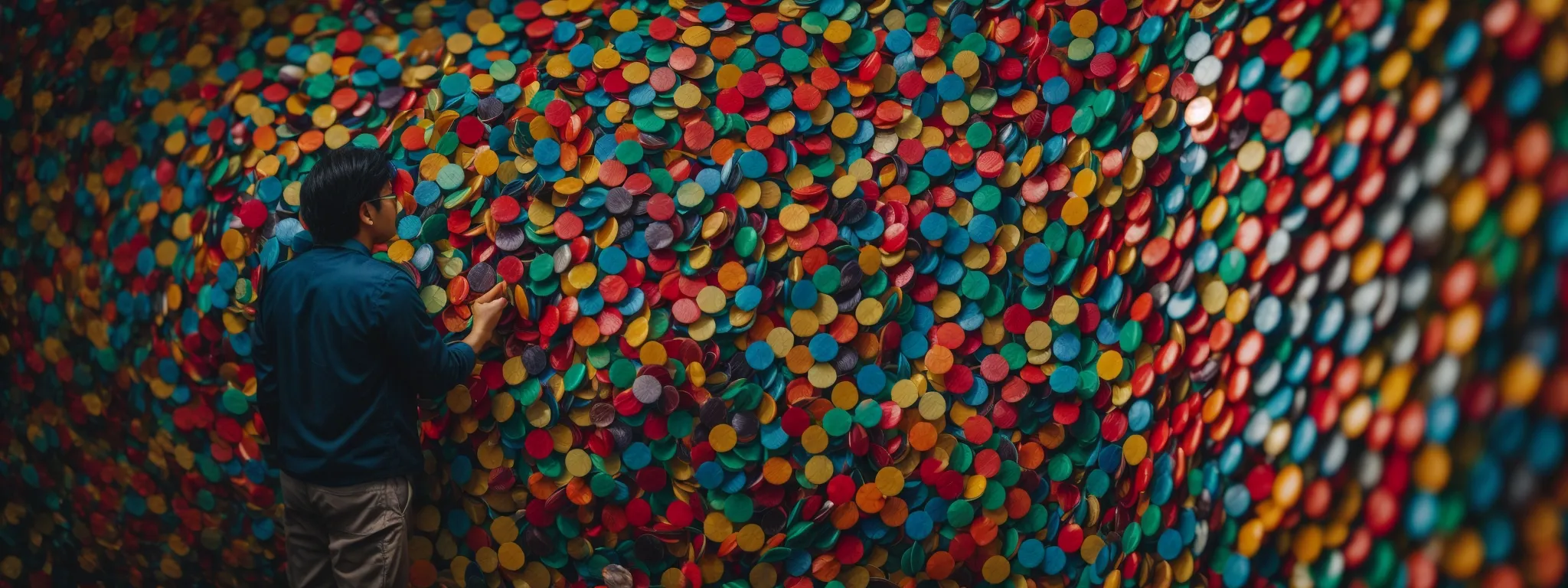 a person examining a large, interactive globe dotted with colorful pins representing different global markets.