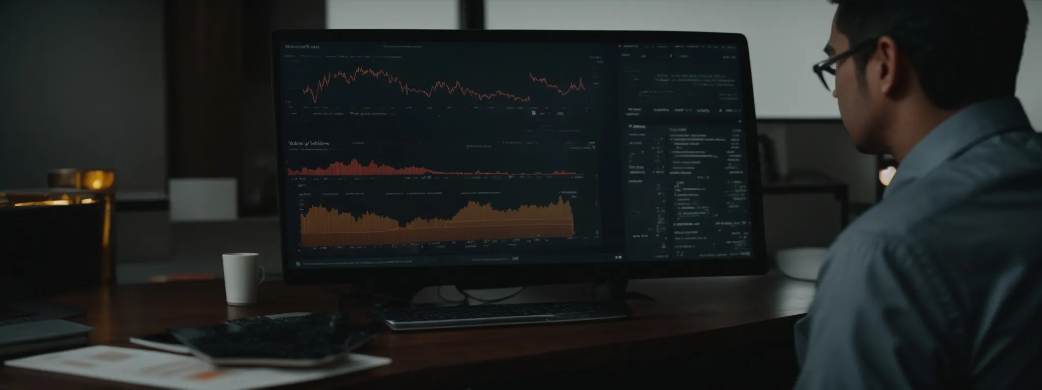 a digital marketer reviews comprehensive analytics on a computer screen, harmonizing seo strategies.