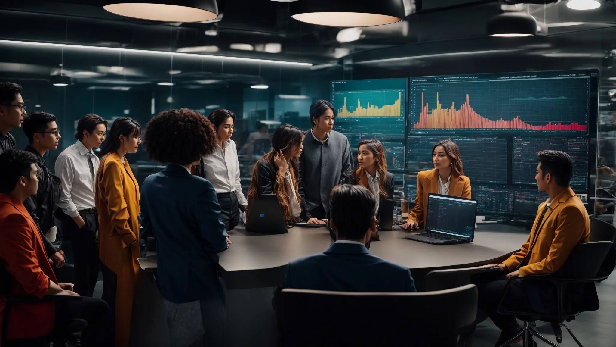 a group of professionals gathered around a large computer monitor discussing a colorful graph displaying search term trends.