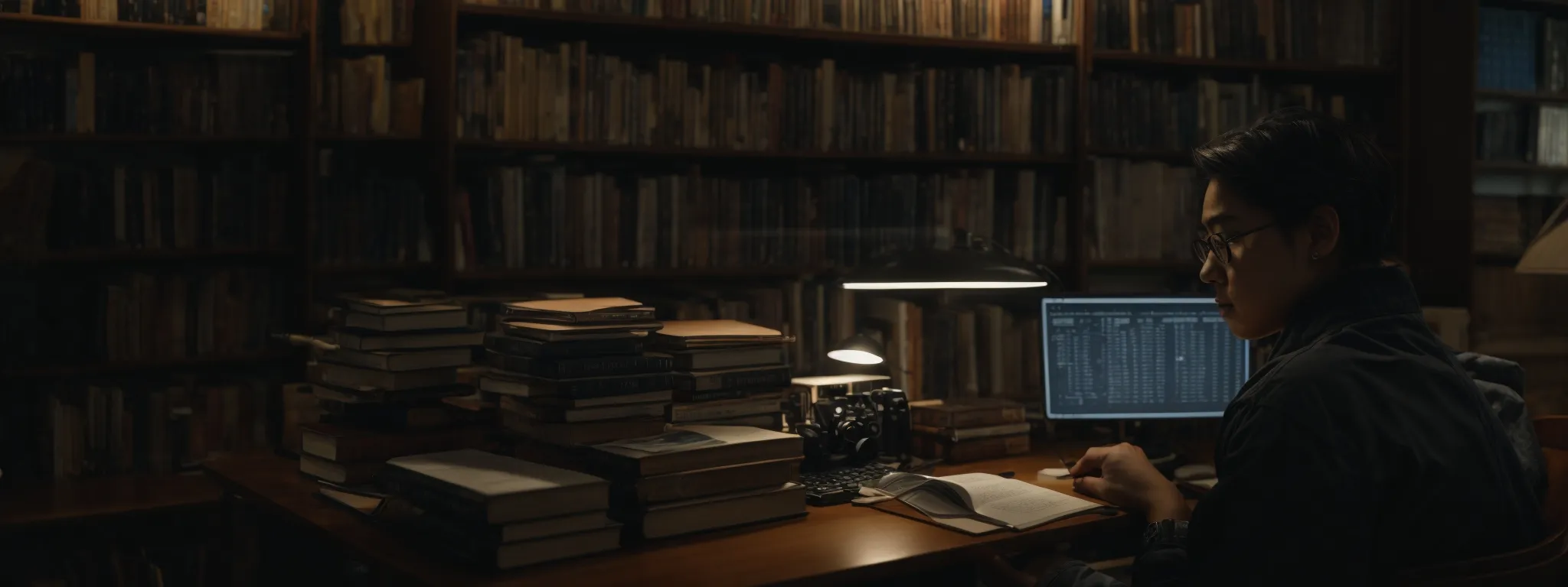 a person in a study, surrounded by books and a world map, intently analyzes data on a computer screen.