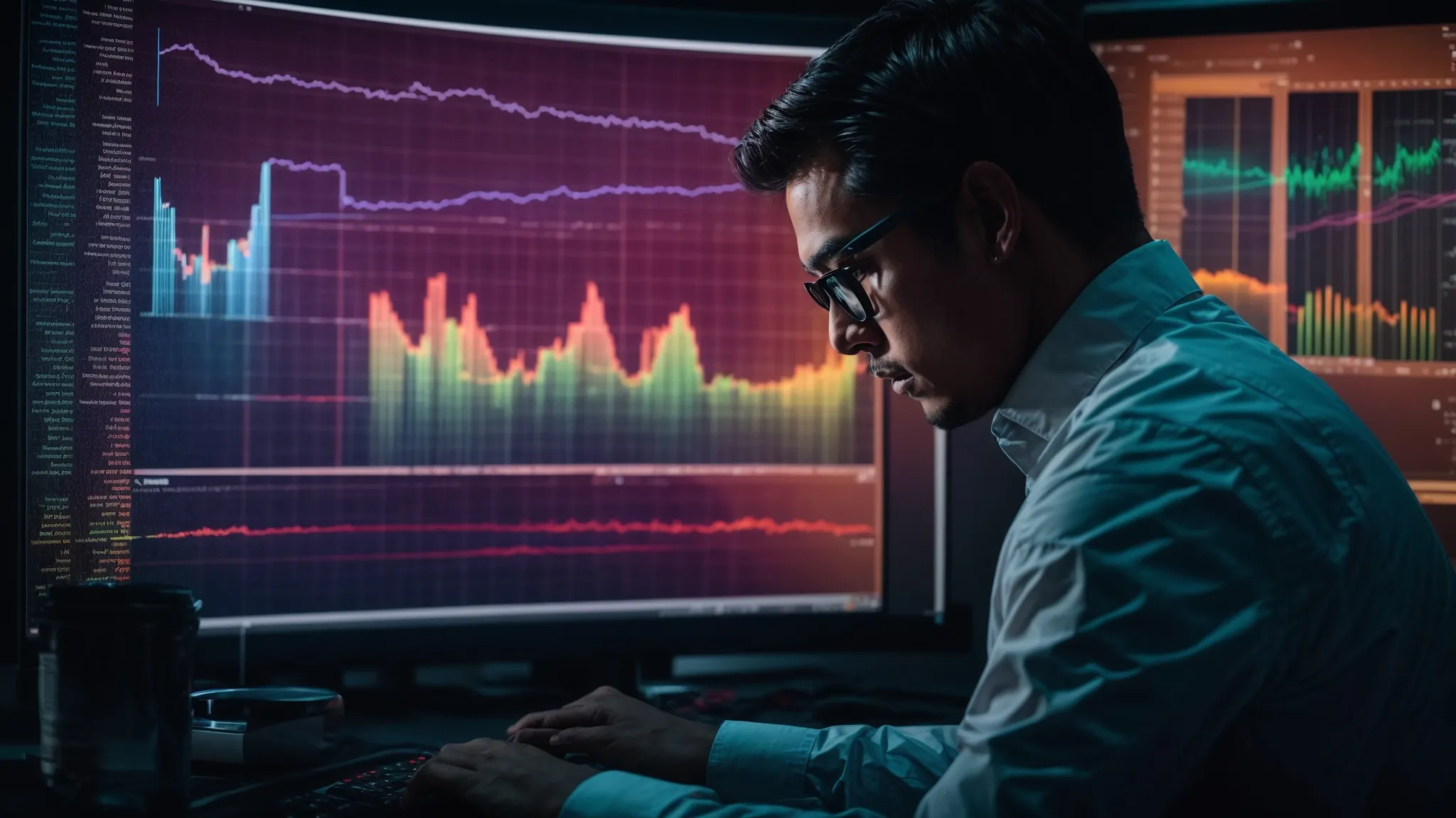a person intently analyzes a large computer screen displaying colorful graphs and data metrics related to search engine optimization.