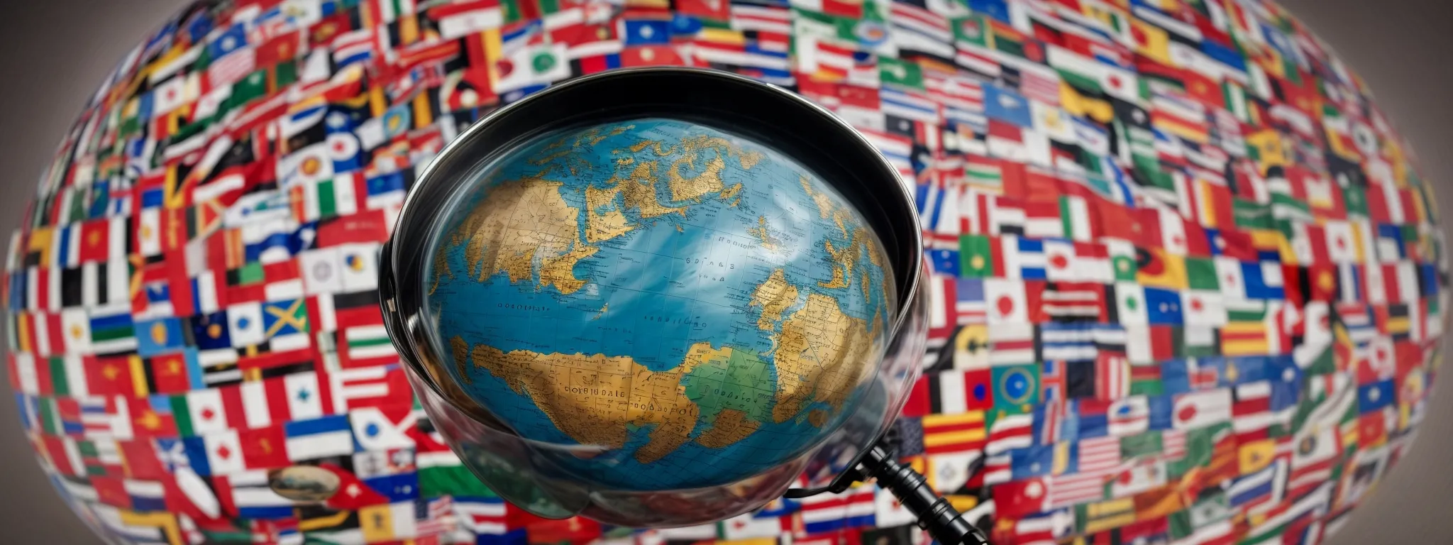 a globe circled by various flag icons with a magnifying glass hovering over a highlighted area.