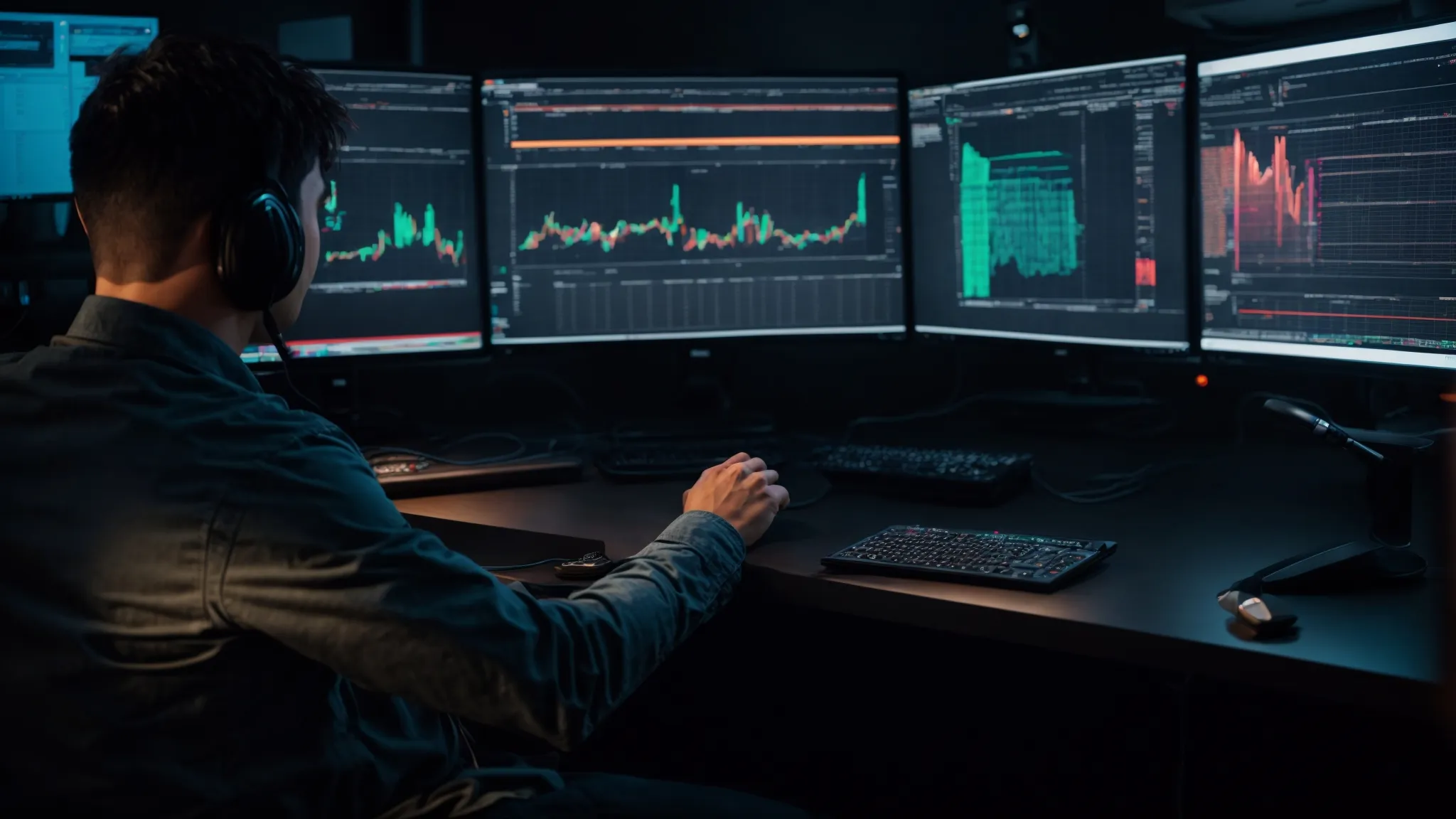 a person sits before a dual computer monitor setup, analyzing colorful graphs and keyword trends for market research.
