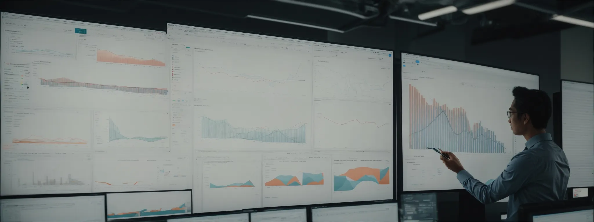 an individual scrutinizing comprehensive graphs and charts on a large monitor, reflecting market trends and analytics.