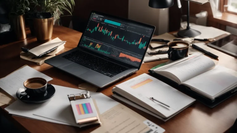 a laptop displaying colorful graphs and charts sits on a desk surrounded by notes and a cup of coffee.