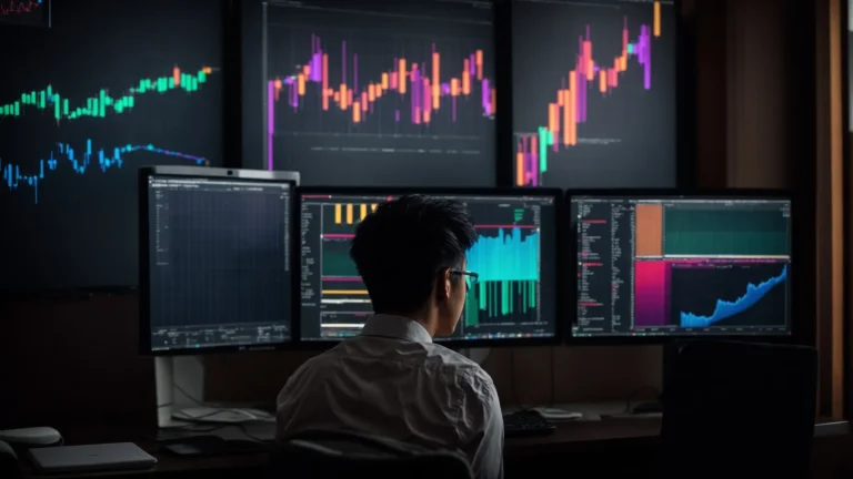 a person gazes at a computer screen displaying colorful graphs and keyword analysis data.