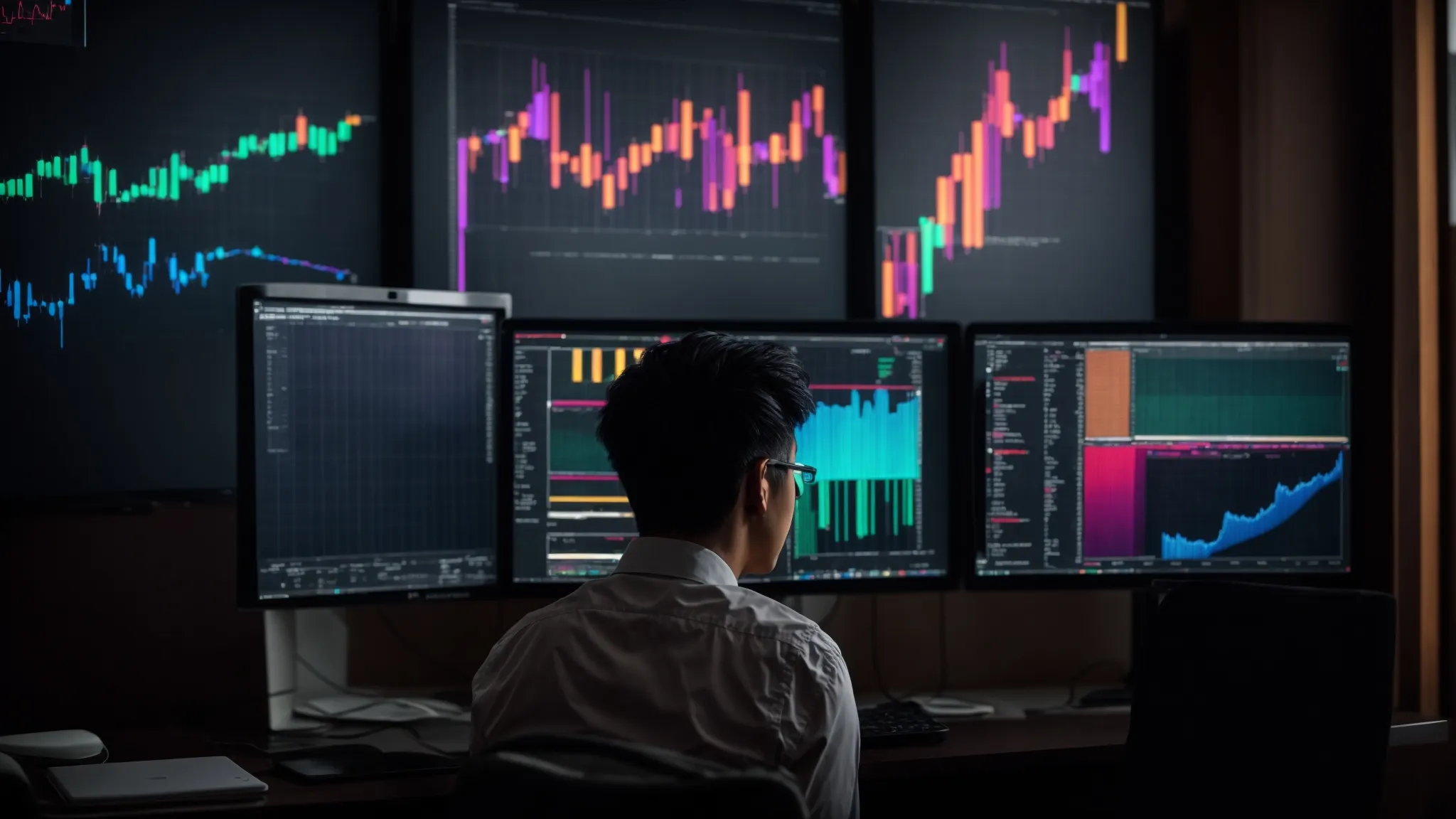 a person gazes at a computer screen displaying colorful graphs and keyword analysis data.