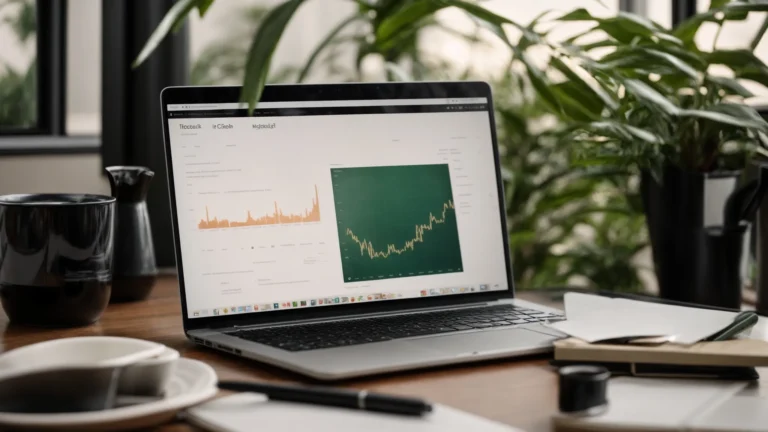 a laptop with a graph analysis software open on the screen, surrounded by a notepad, pen, and cup of coffee, positioned on a clean, modern desk with greenery in the background.