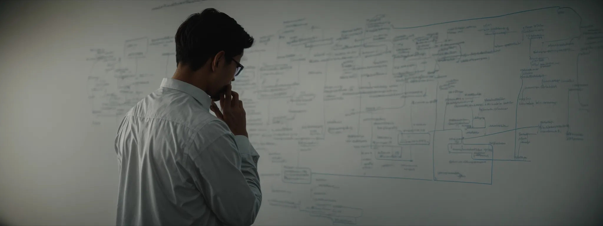 a person quietly studying a large, visible flowchart of search queries and topics on a whiteboard, deep in thought.