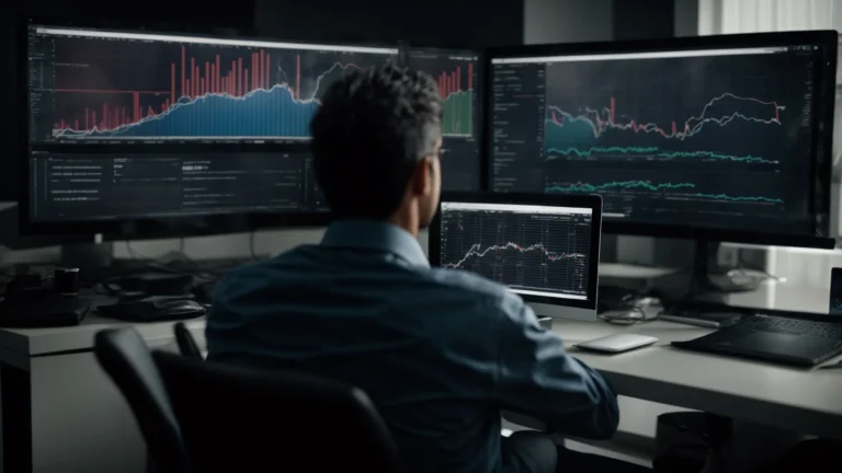 a person analyzing graphs and charts on a computer screen in an office setting.