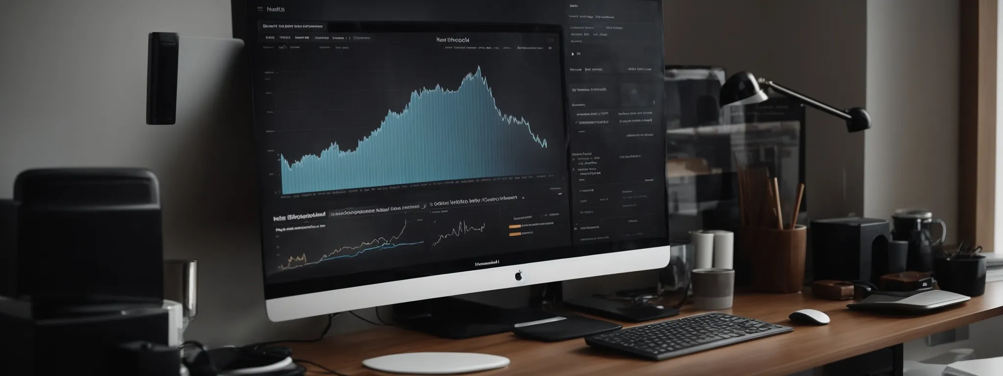a modern, home office setup with a computer displaying search trend analytics on the screen.