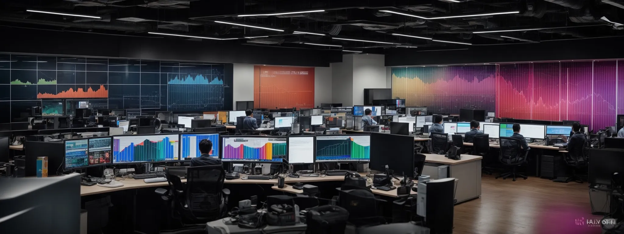a bustling digital marketing office with large computer monitors displaying colorful analytics graphs and search engine result pages.