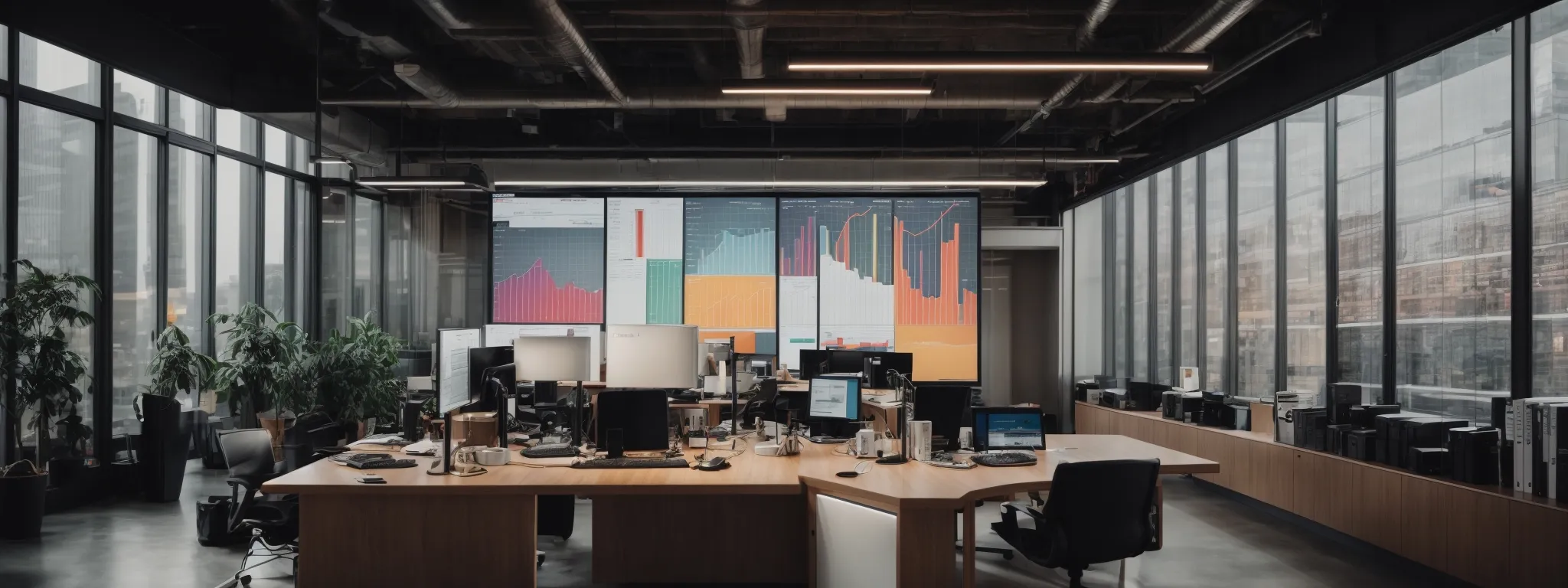 a modern office with a large, wall-mounted screen displaying a dynamic graph of search engine rankings and colorful charts representing seo metrics.