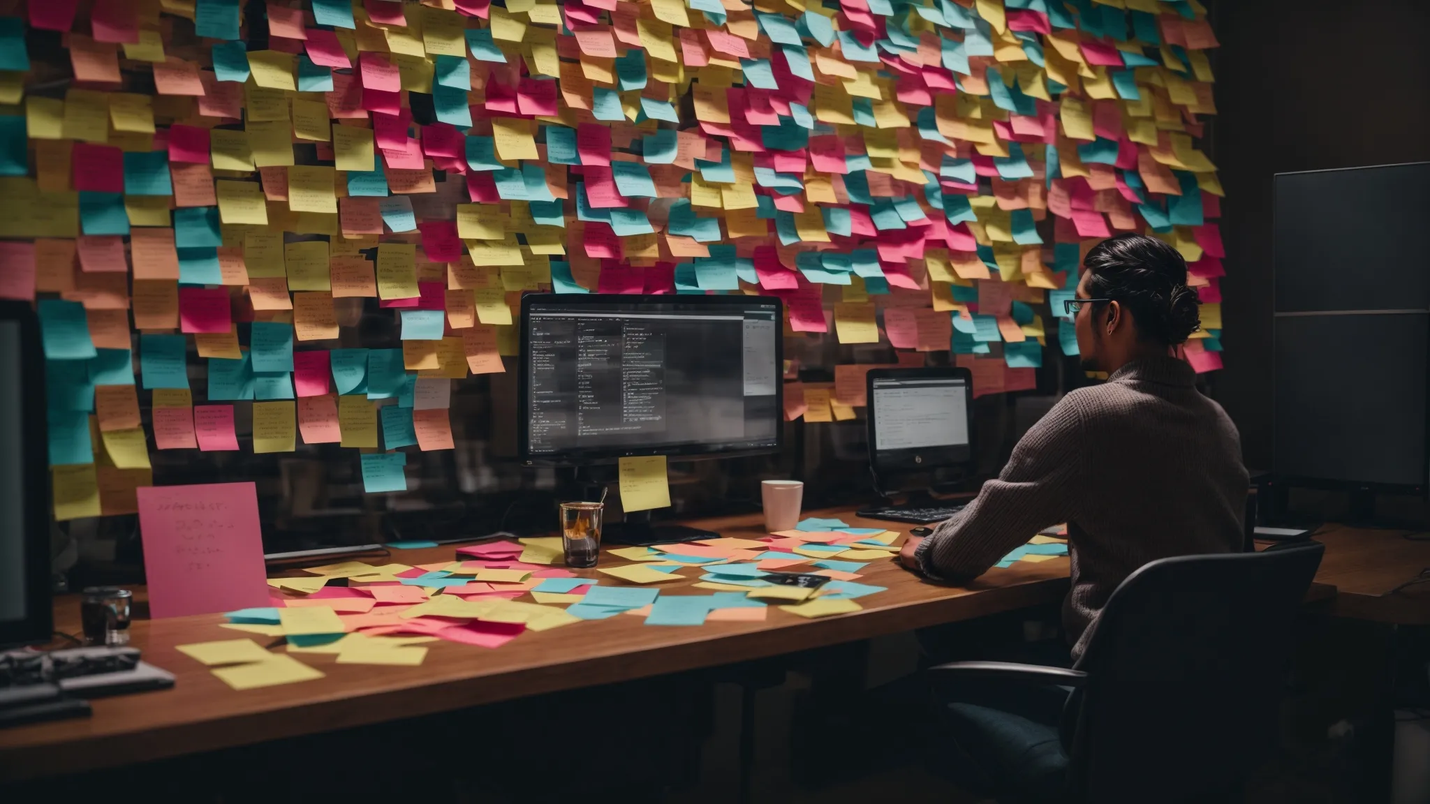 a person sitting at a computer, surrounded by colorful sticky notes with keywords on them, analyzing data on a digital marketing dashboard.
