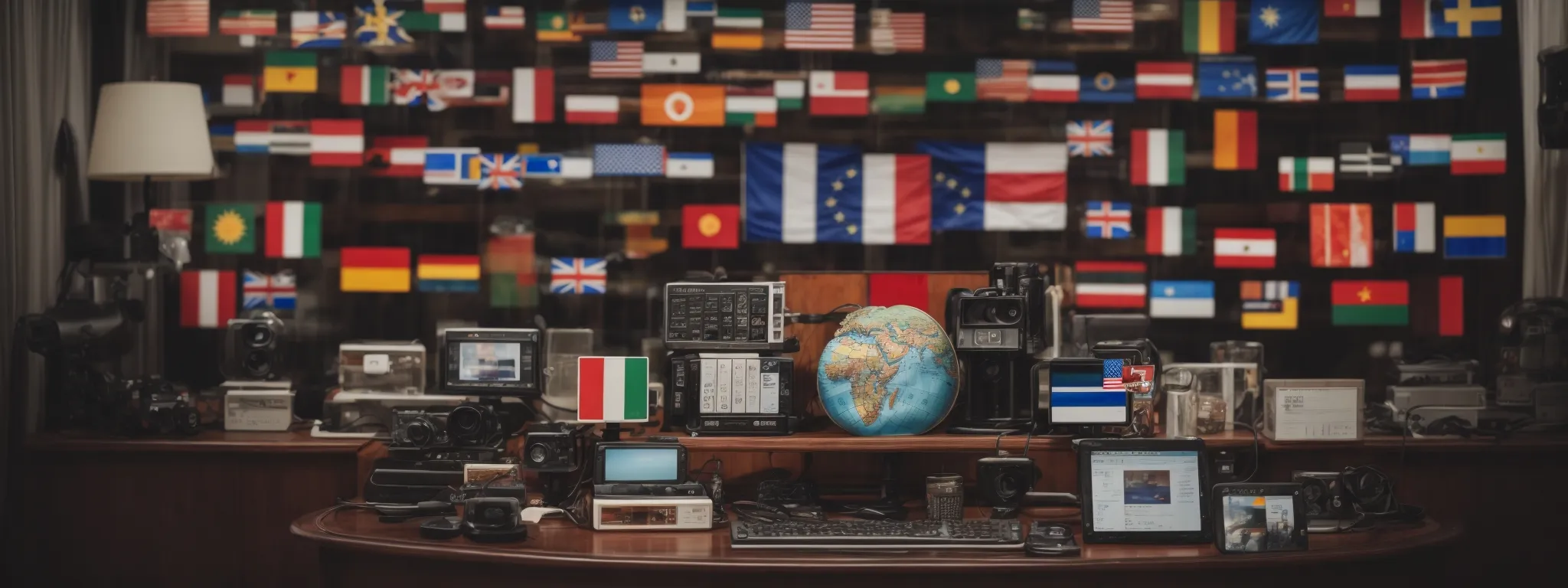 a globe surrounded by multiple devices displaying search bars with various flags representing different languages.