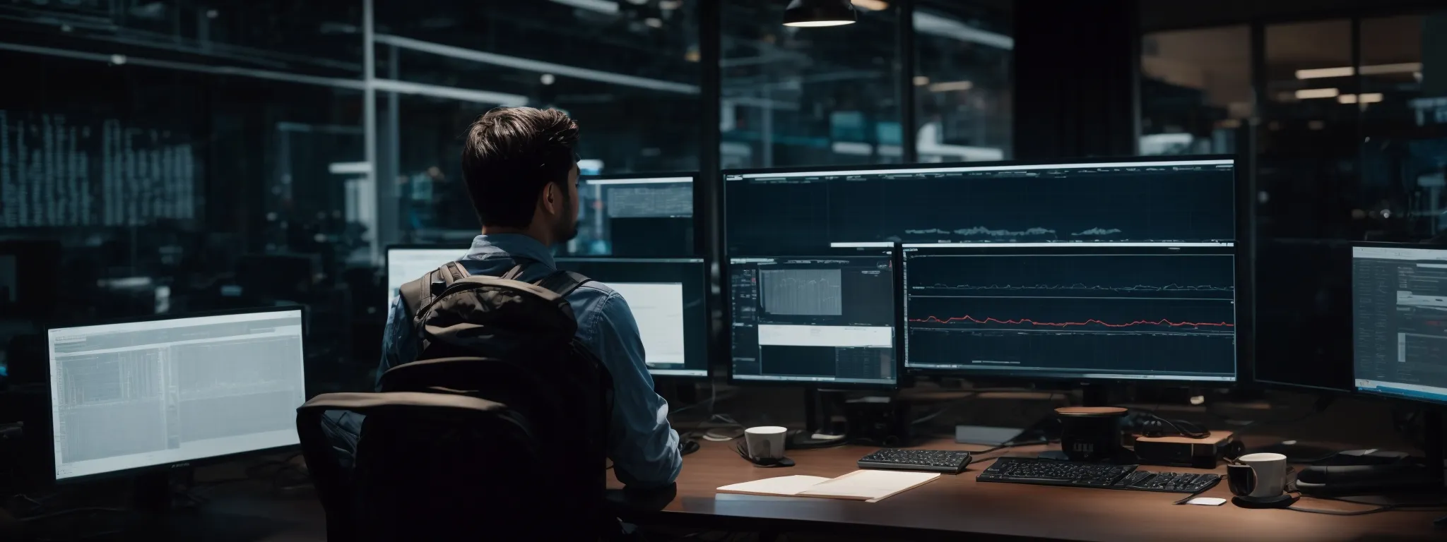 an individual sits before a dual-monitor setup, intensely studying data-rich dashboards reflecting seo metrics and competitor positioning.