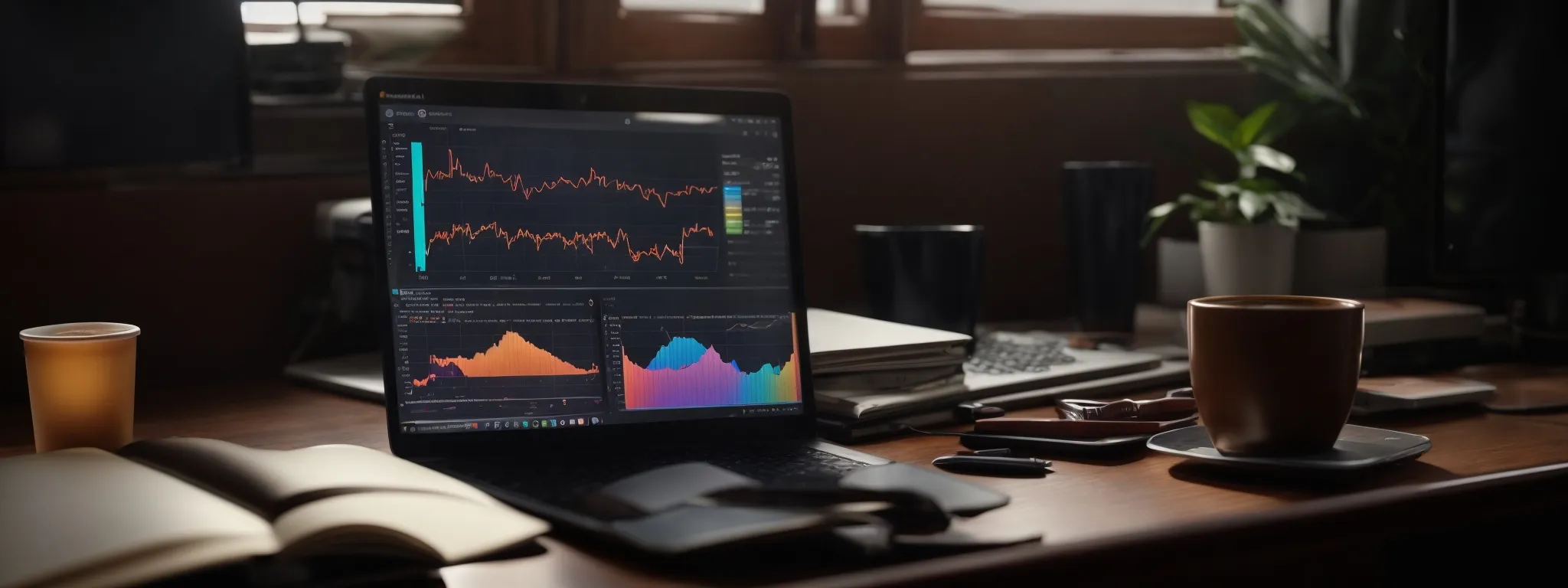 an open laptop displaying colorful graphs on its screen sits on a desk next to a notebook and a cup of coffee.