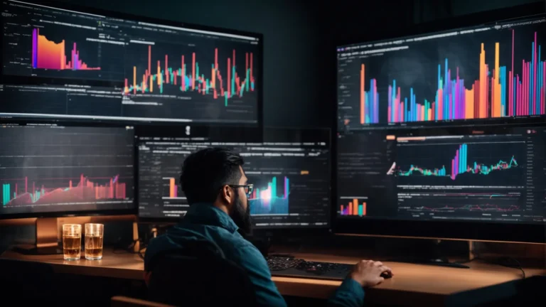 a person looks at colorful graphs and charts on a computer screen displaying youtube analytics and keyword trends.