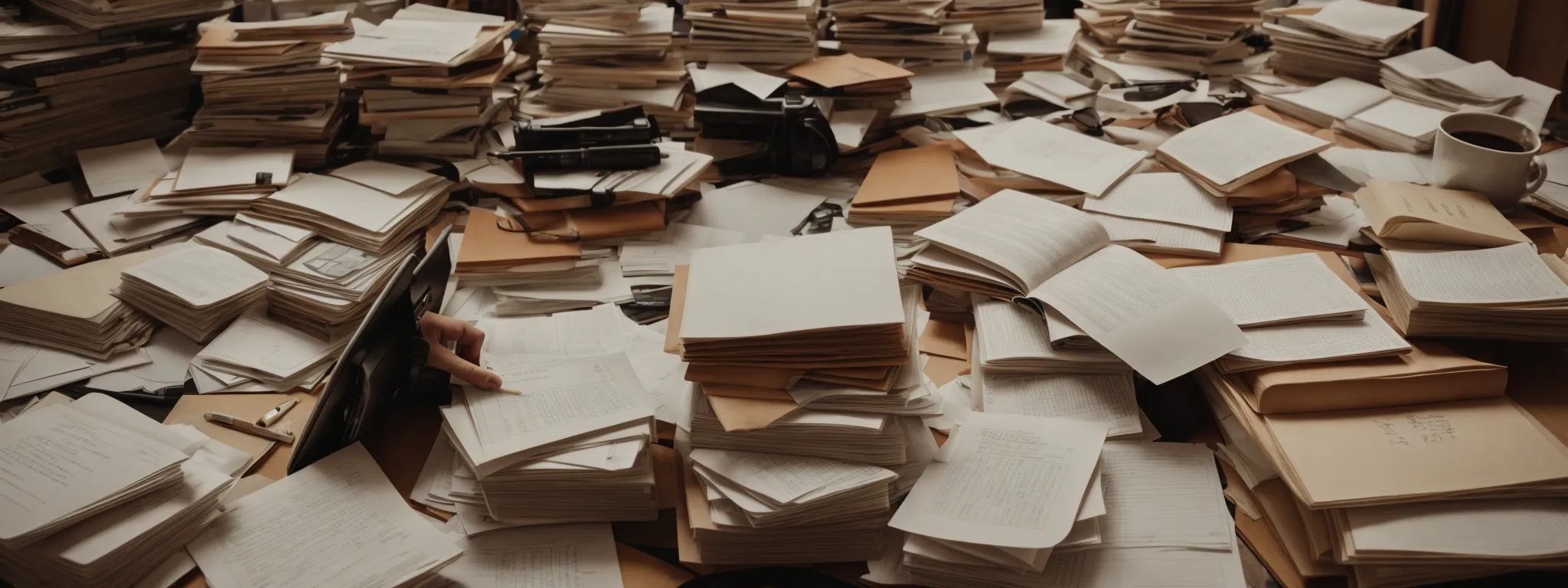 a person working on a laptop surrounded by piles of books and notes, reflecting strategic planning.