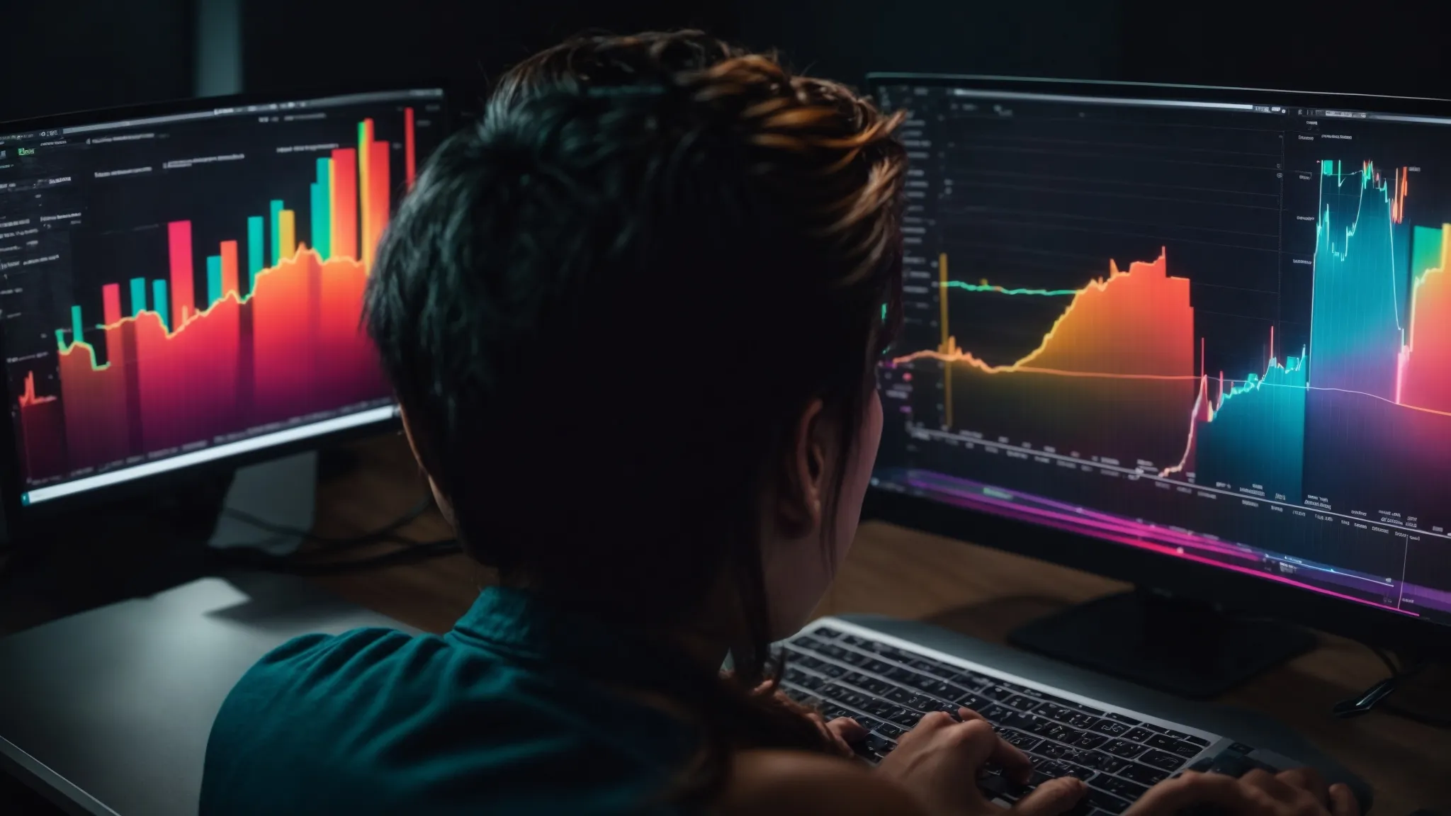 a person sits at a computer, analyzing colorful graphs and charts that represent search engine data trends.