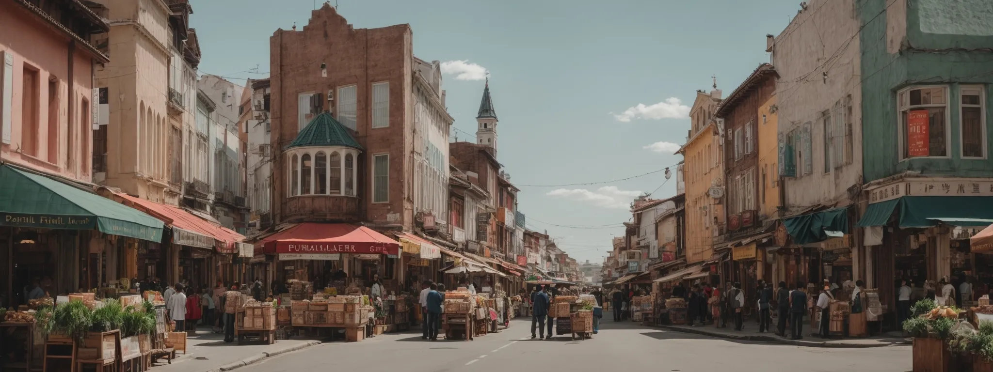 a bustling city street filled with local shops and regional flair under clear skies.
