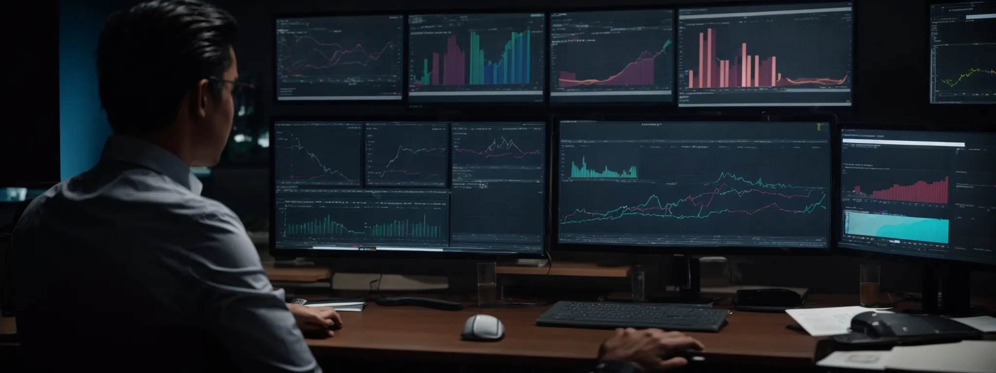 a person at a desk with multiple computer screens displaying graphs and analytics software.